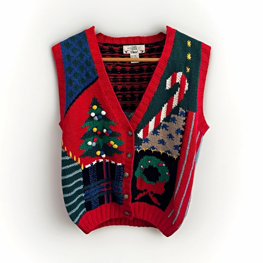 Vintage Orvis Womens M Christmas Knit Sweater Vest V-Neck Intarsia Ramie Cotton